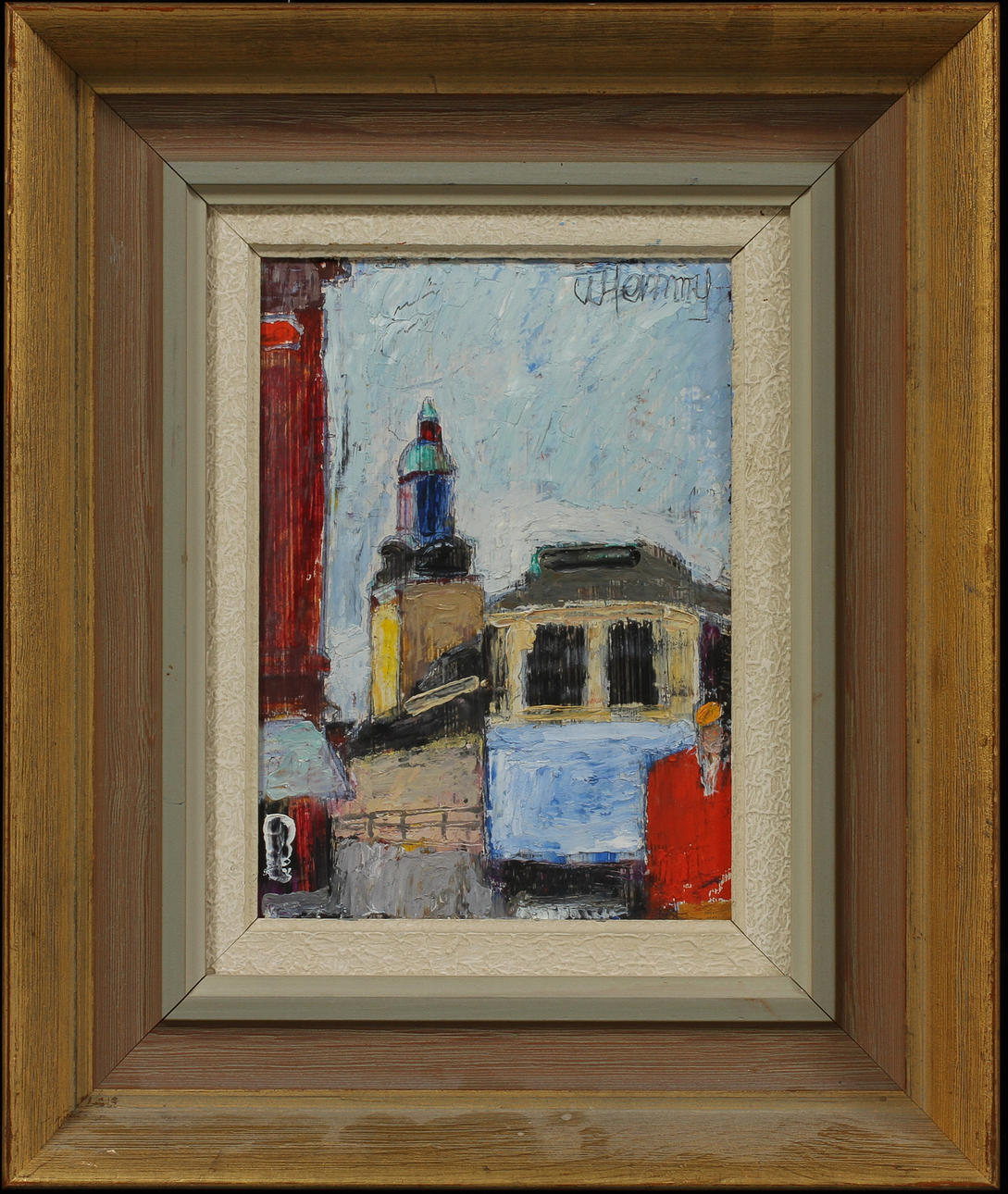 WILHELM HENNING. Stadsmotiv med spårvagn, olja på pannå, signerad.