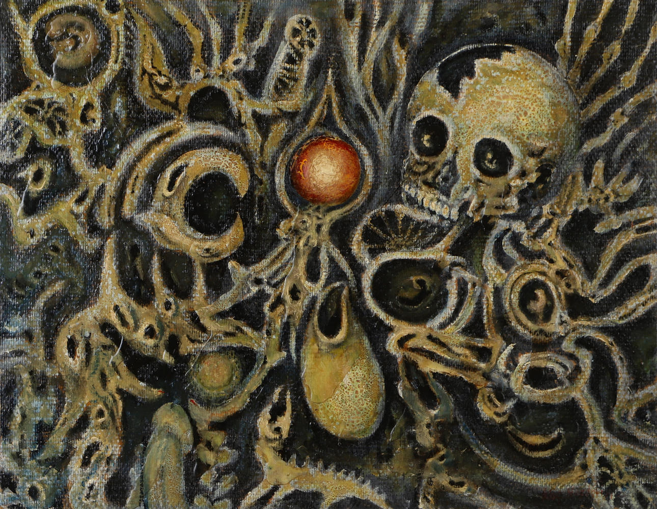 OKÄND KONSTNÄR. Composition with skull, oil on pasted wallpaper, unsigned.