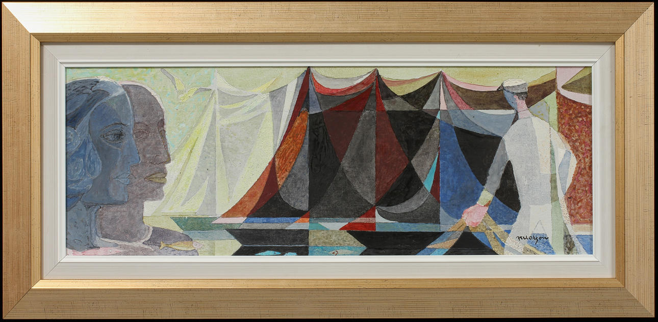 AXEL OLSON. Segelbåtar i viken. Olja på duk, signerad.