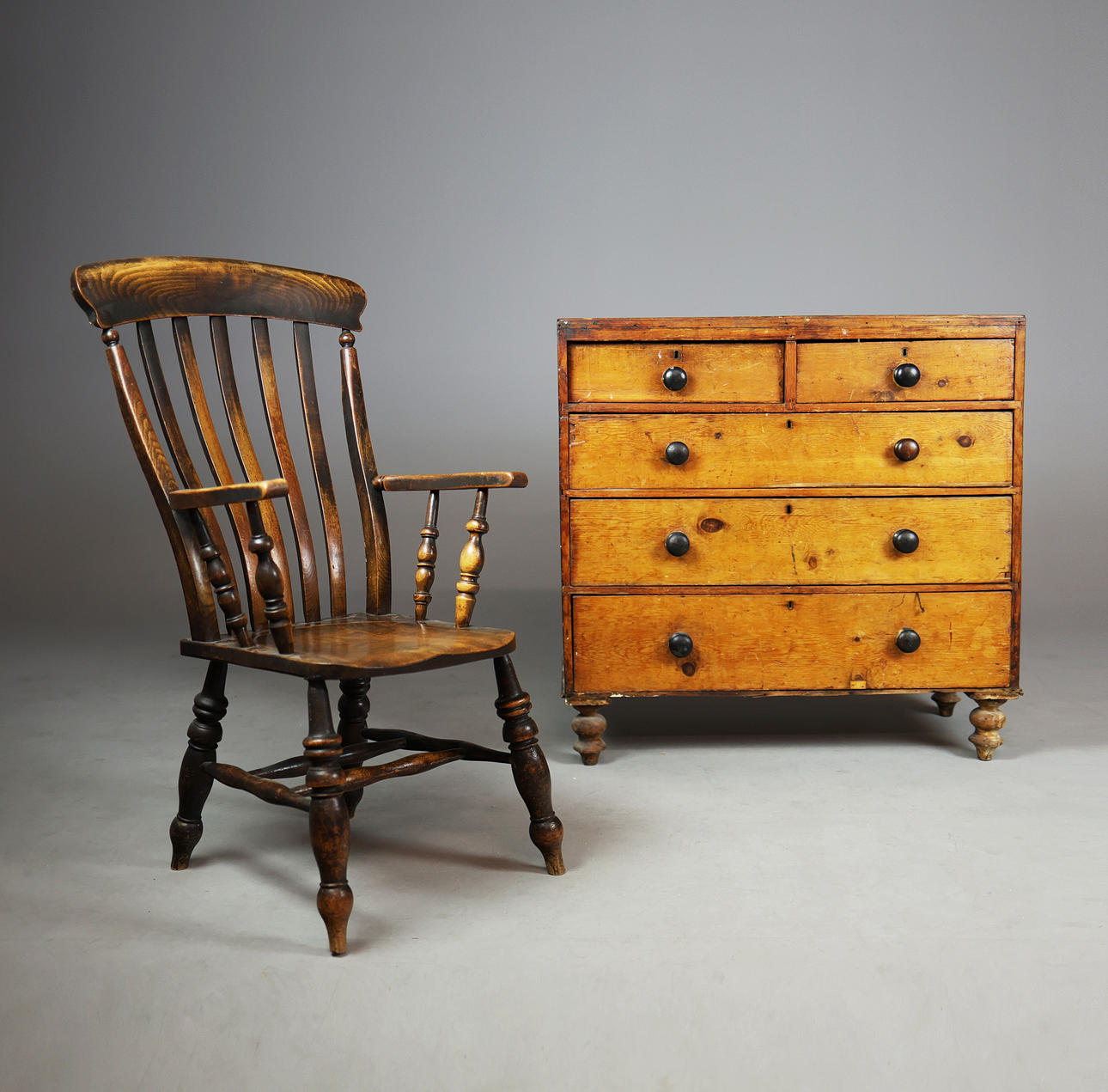 VICTORIAN PINE CHEST AND KITCHEN ARMCHAIR (2).