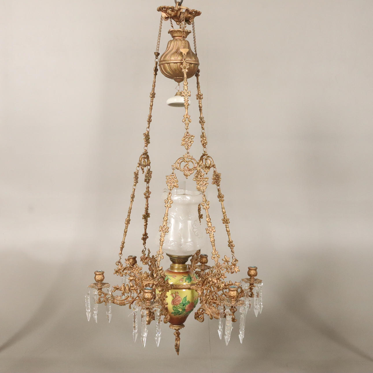 HANGING KEROSENE LAMP, majolica style.