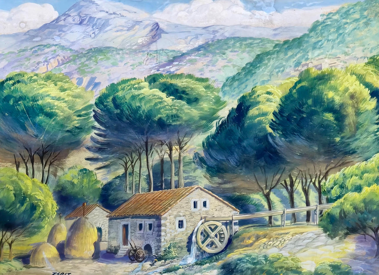 HOUSE IN THE COUNTRYSIDE. MIXED TECHNIQUE. SIGNED.