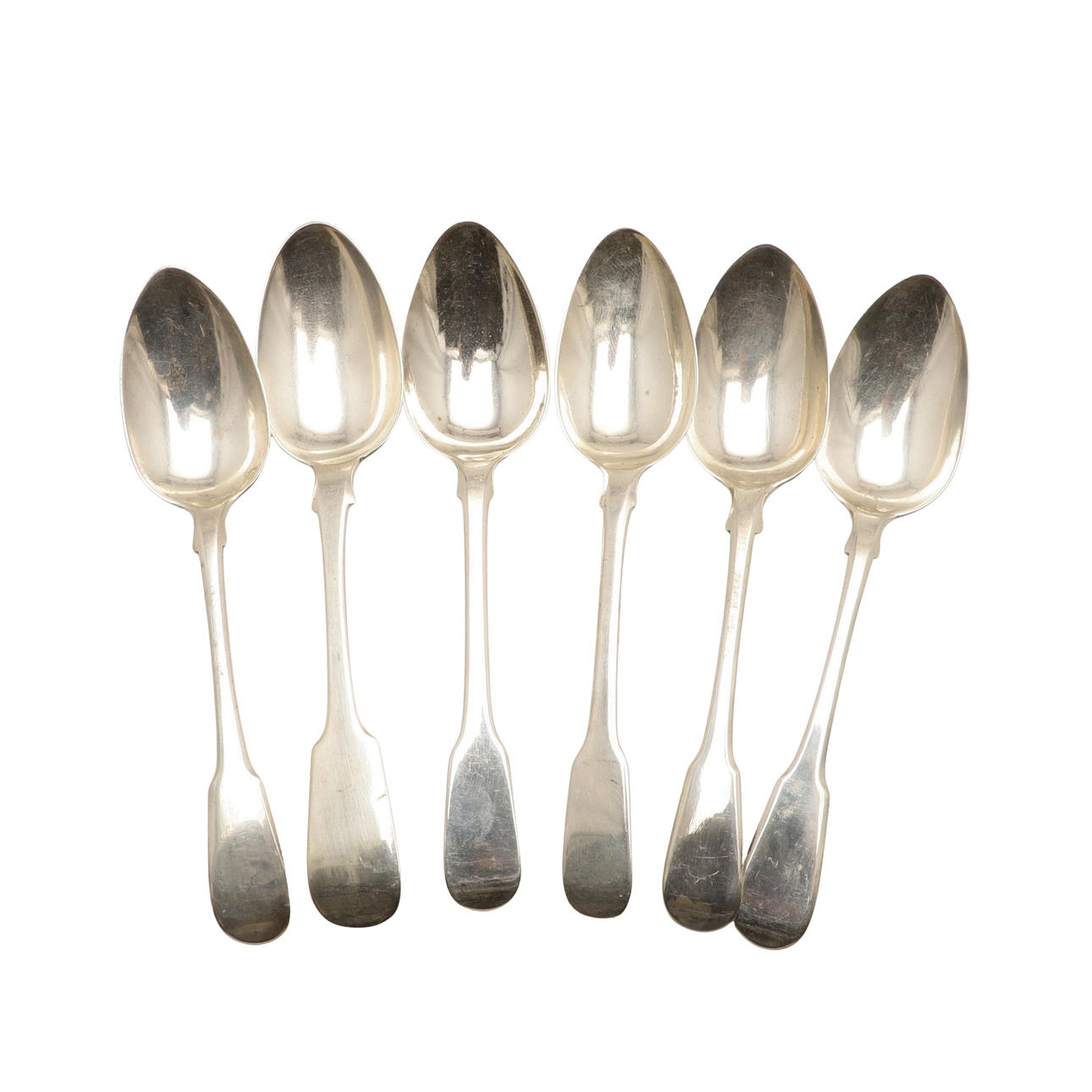 SIX SILVER MATCHED FIDDLE PATTERN DESSERT SPOONS.