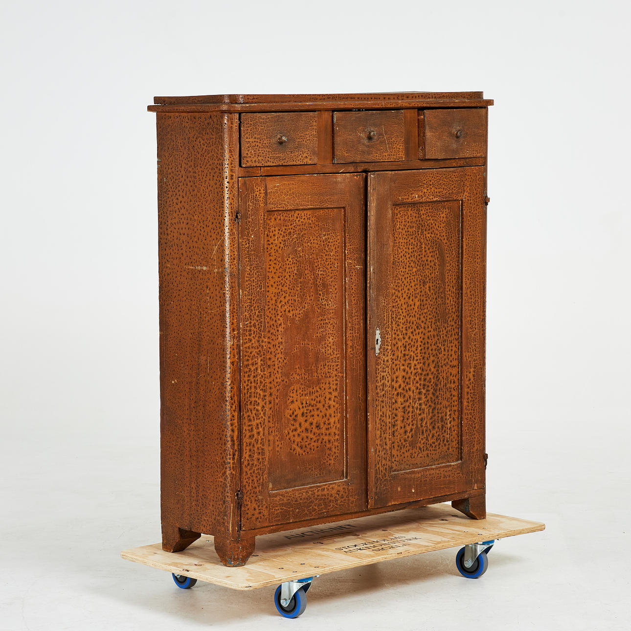 SIDEBOARD. 19th century, cabinet part interior shelf, drawers with wooden knobs, rounded mouldings, later imitation painting.