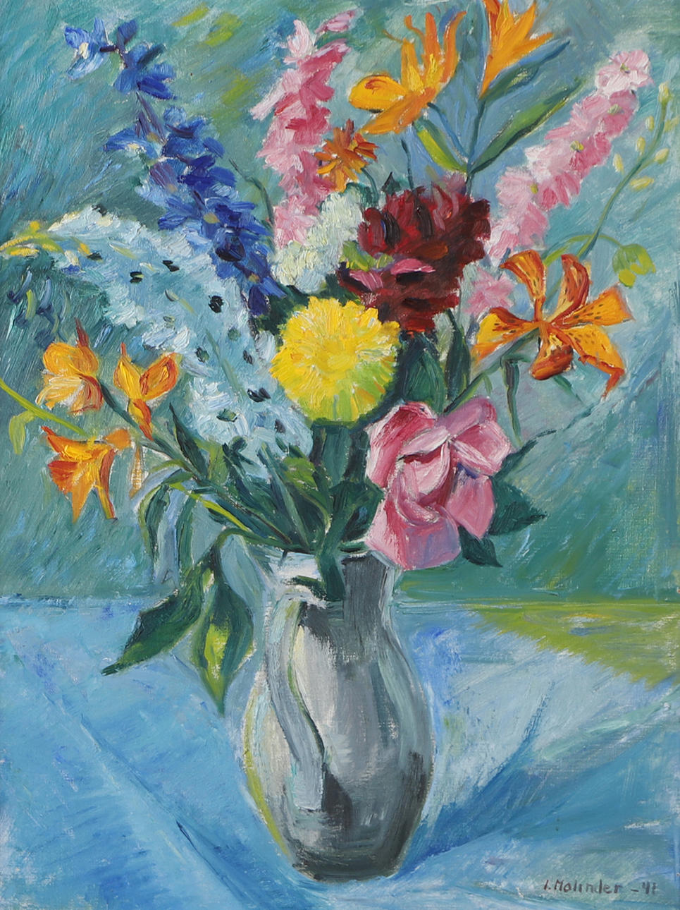 OIDENTIFIERAD KONSTNÄR. Flower still life, oil on panel, signed I. Molinder -41.