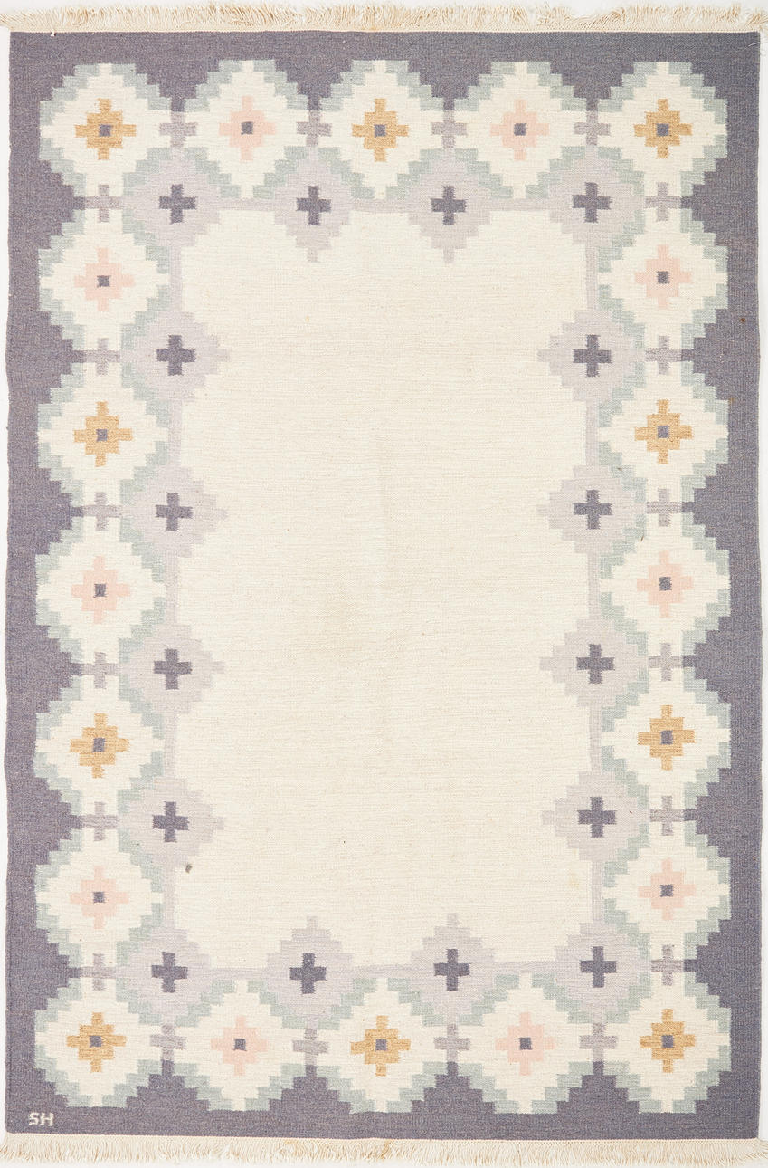 RÖLAKAN, Swedish Hemslöjd, geometric pattern, blue/grey colour scheme, monogram signed SH, approx 195 x 290.