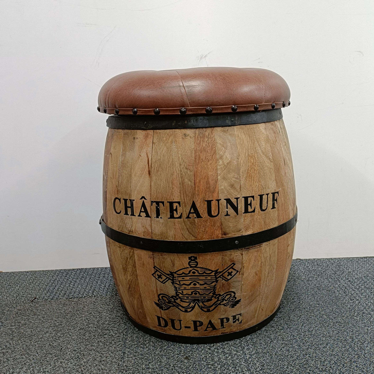 WINE ADVERTISING BARREL STOOL.