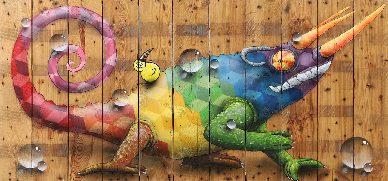 TIM TIMMEY NEDRUP. Rainbow chameleon, mixed media, signed on verso, 2018.