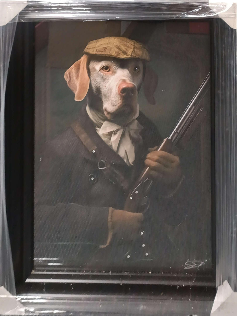 FRAMED PRINT OF A WEIMARANER DOG.