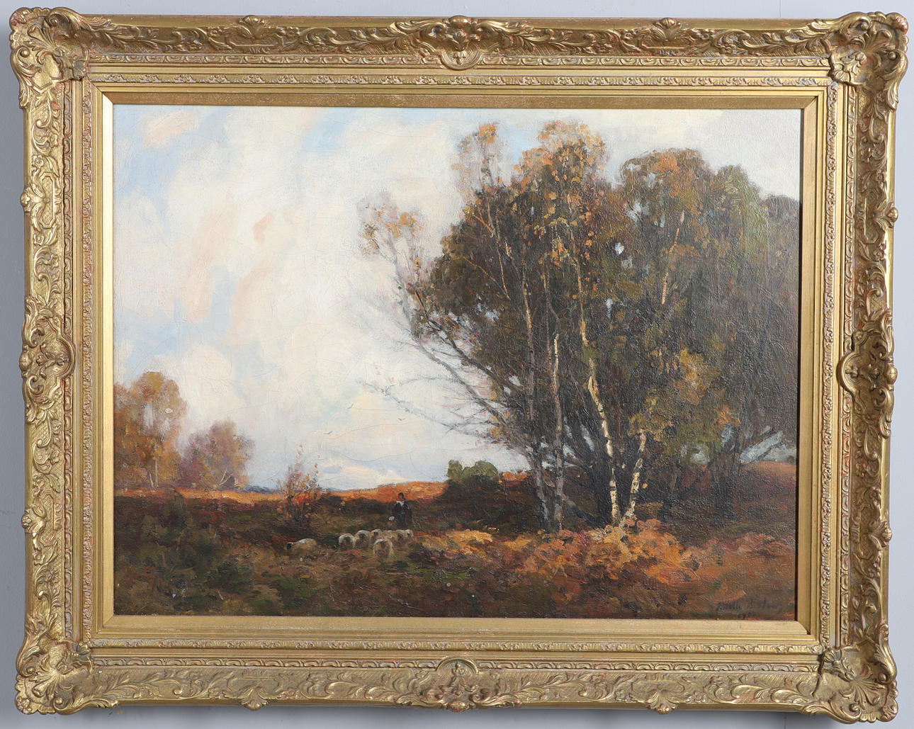 JOHN NOBLE BARLOW (1861-1917). “AUTUMN GOLD” A WOODLAND HEATH WITH SHEPHERD AND SHEEP.