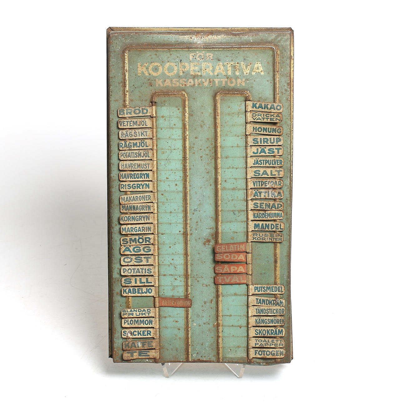 INKÖPSTAVLA FÖR HUSHÅLLET, plåt, "För kooperativa kassakvitton", 1930/40-tal.