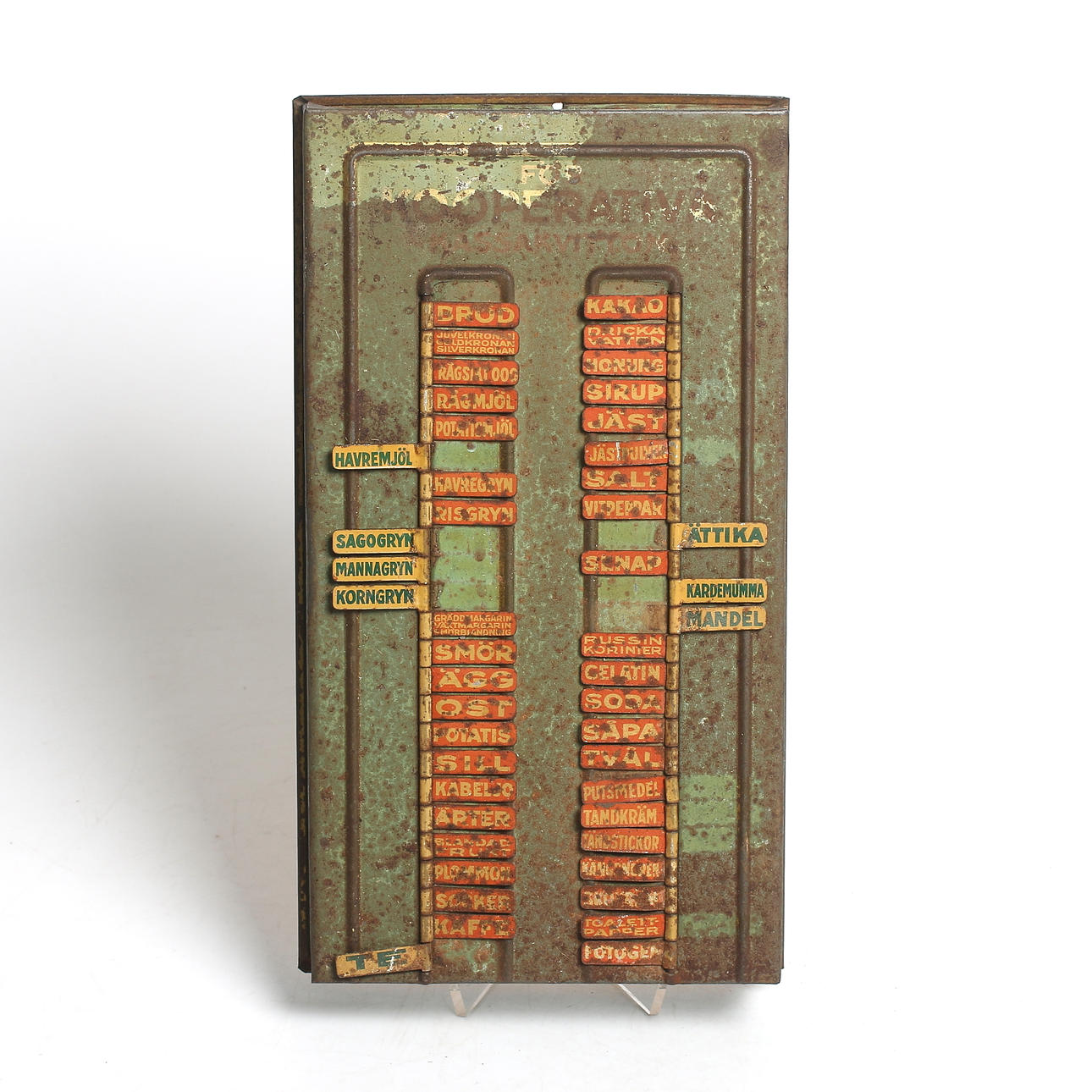 INKÖPSTAVLA FÖR HUSHÅLLET, plåt, "För kooperativa kassakvitton", 1930/40-tal.