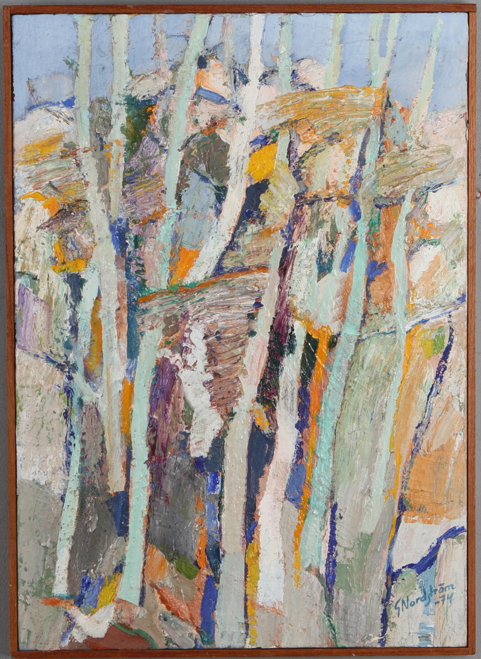 GUNNAR NORDSTRÖM. "Vårträd och klippor", olja på duk, signerad och daterad -74.