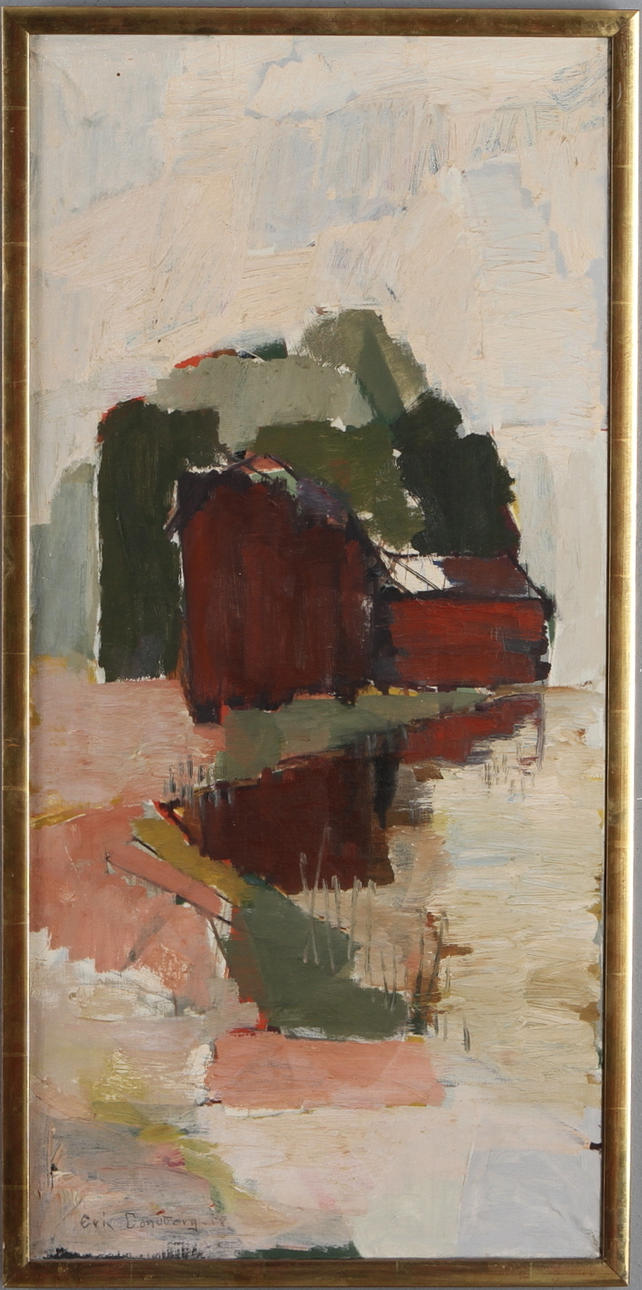 ERIC LUNDBERG. Hus vid vatten, olja på duk, sigenrad.