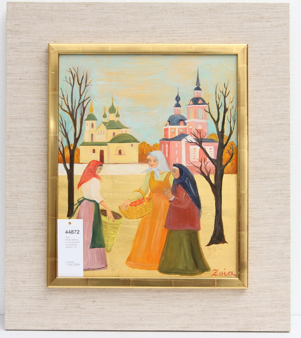 ZOIA KRUKOWSKAJA. Olja på pannå med guldfond, signerad.