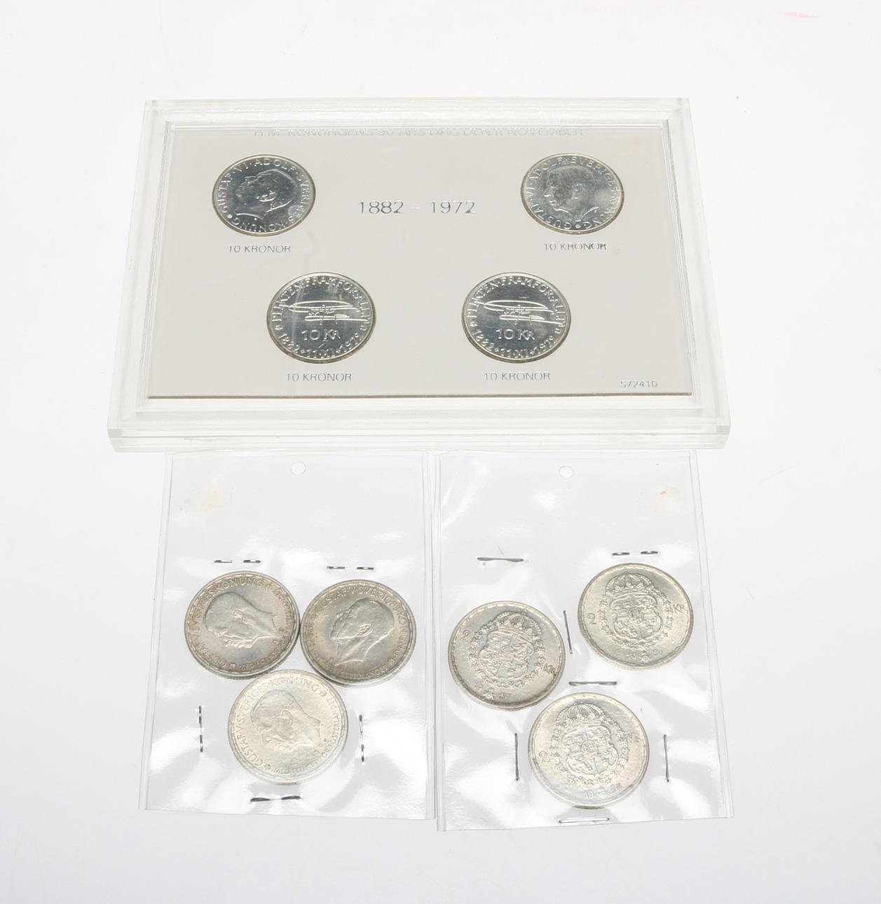 SILVERMYNT, 10 st, 2 kronor samt 10 kronor.