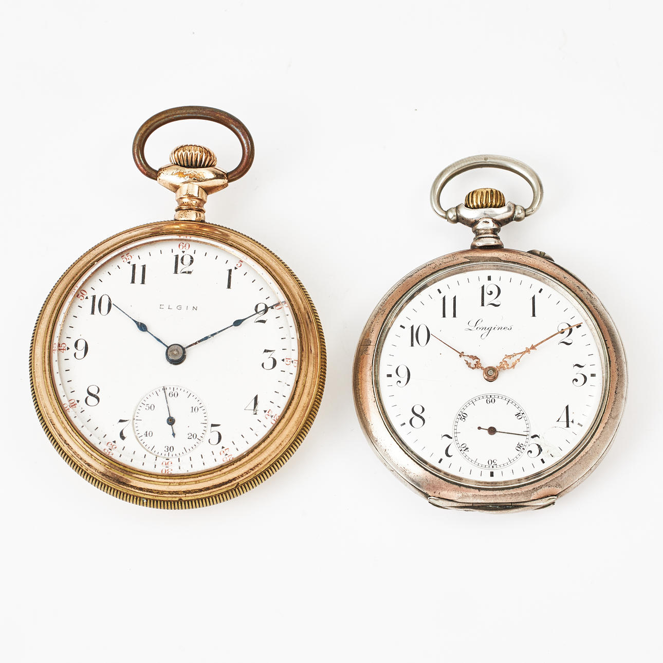 ELGIN & LONGINES, 2 pcs, pocket watches, enamel dials, Arabic numerals.