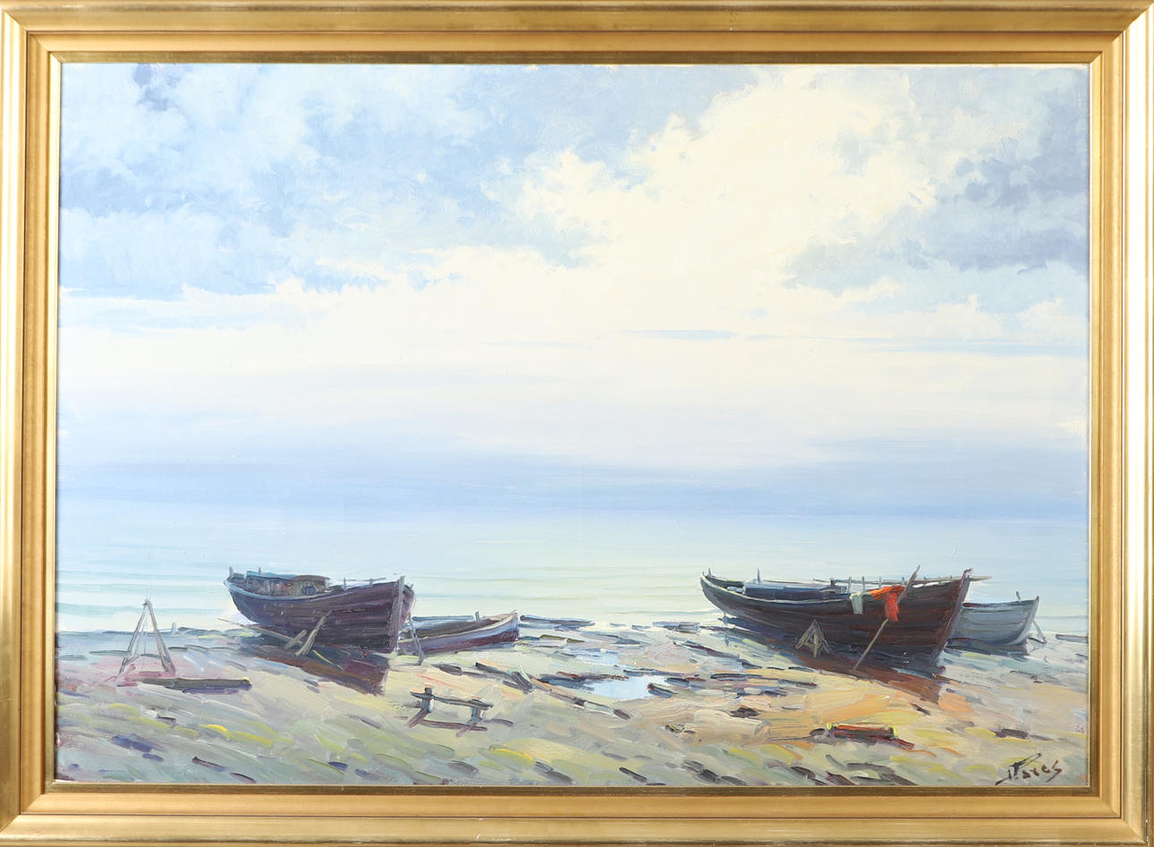 OIDENTIFIERAD KONSTNÄR. Küstengrundstück mit Booten, Öl auf Leinwand, undeutlich signiert.