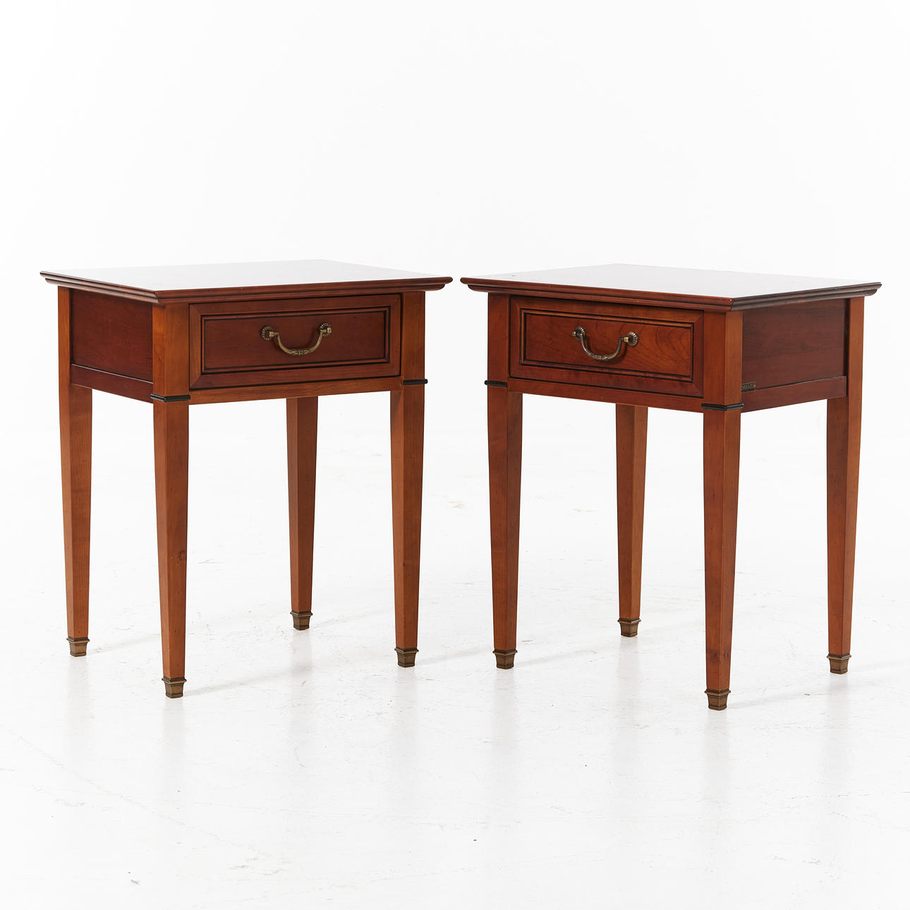 GRANGE, bedside table, a pair, cherries, blackened details, one drawer each, brass fittings.
