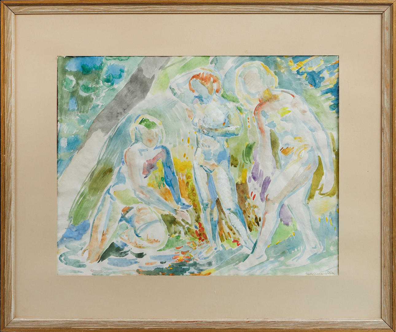 MARTIN POSER. Figure composition in greenery, watercolor, signed.