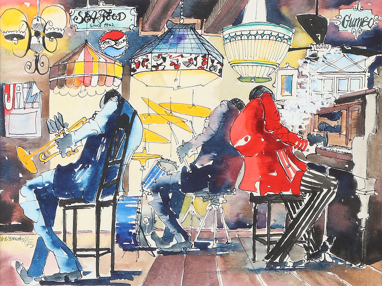 LEO MEIERSDORF. Mixed media. Jazz band. Signed.