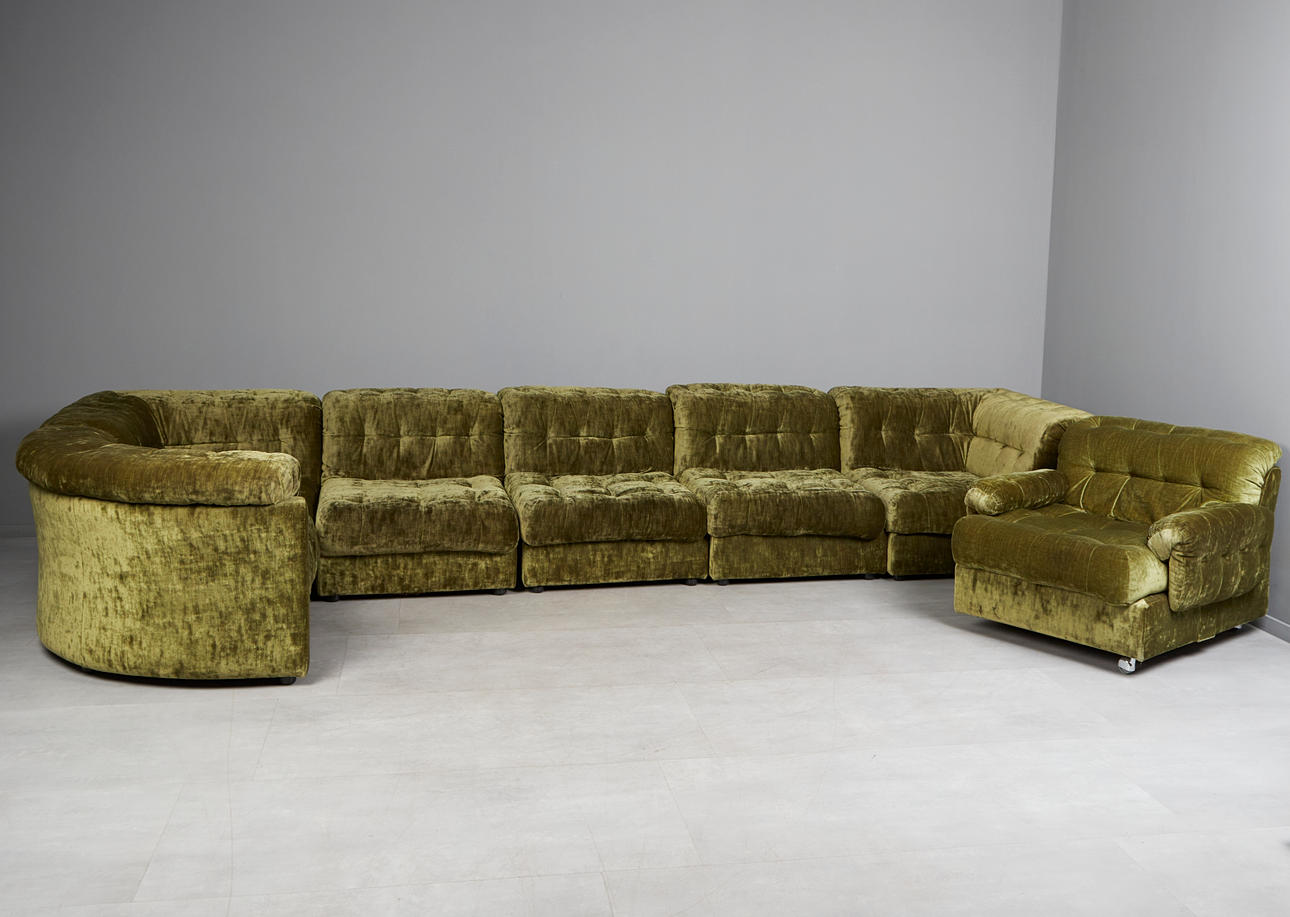 seven-piece modular sofa/couch ensemble, velour textile, green, 1970s (7).