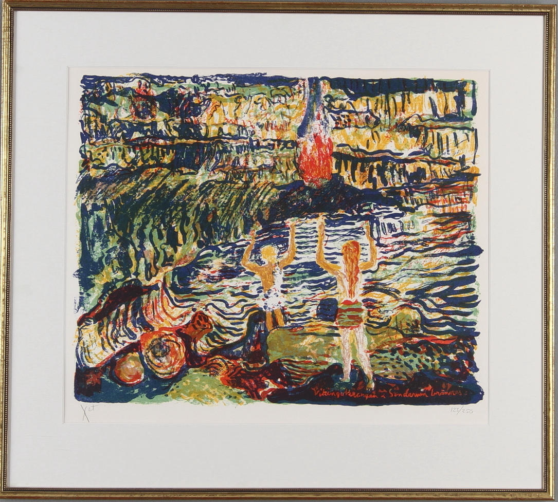 SVEN X:ET ERIXSON. "Vikingakungen i Söndrum brännes", färglitografi, signerad samt numrerad 123/250.