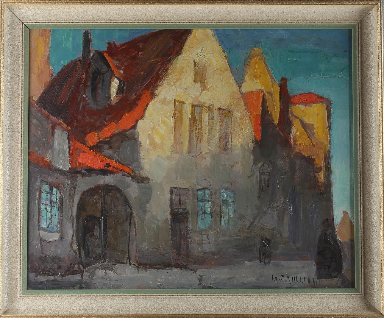 KNUT NORMANN. Hus i kvällsbelysning, olja på pannå, signerad.