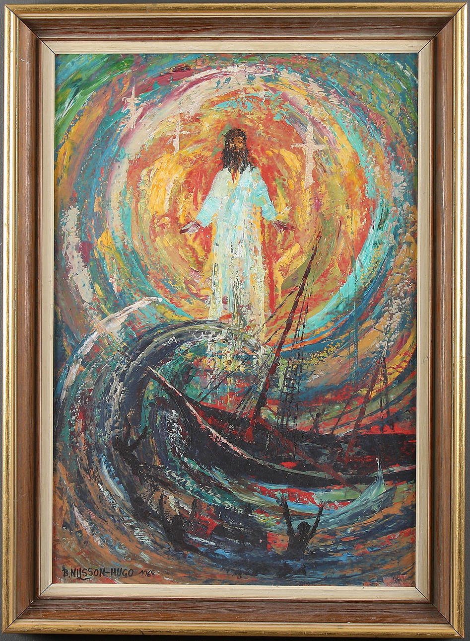 BÖRJE HUGO NILSSON. Jesus vid skeppsnöd, olja på duk, signerad och daterad 1968.