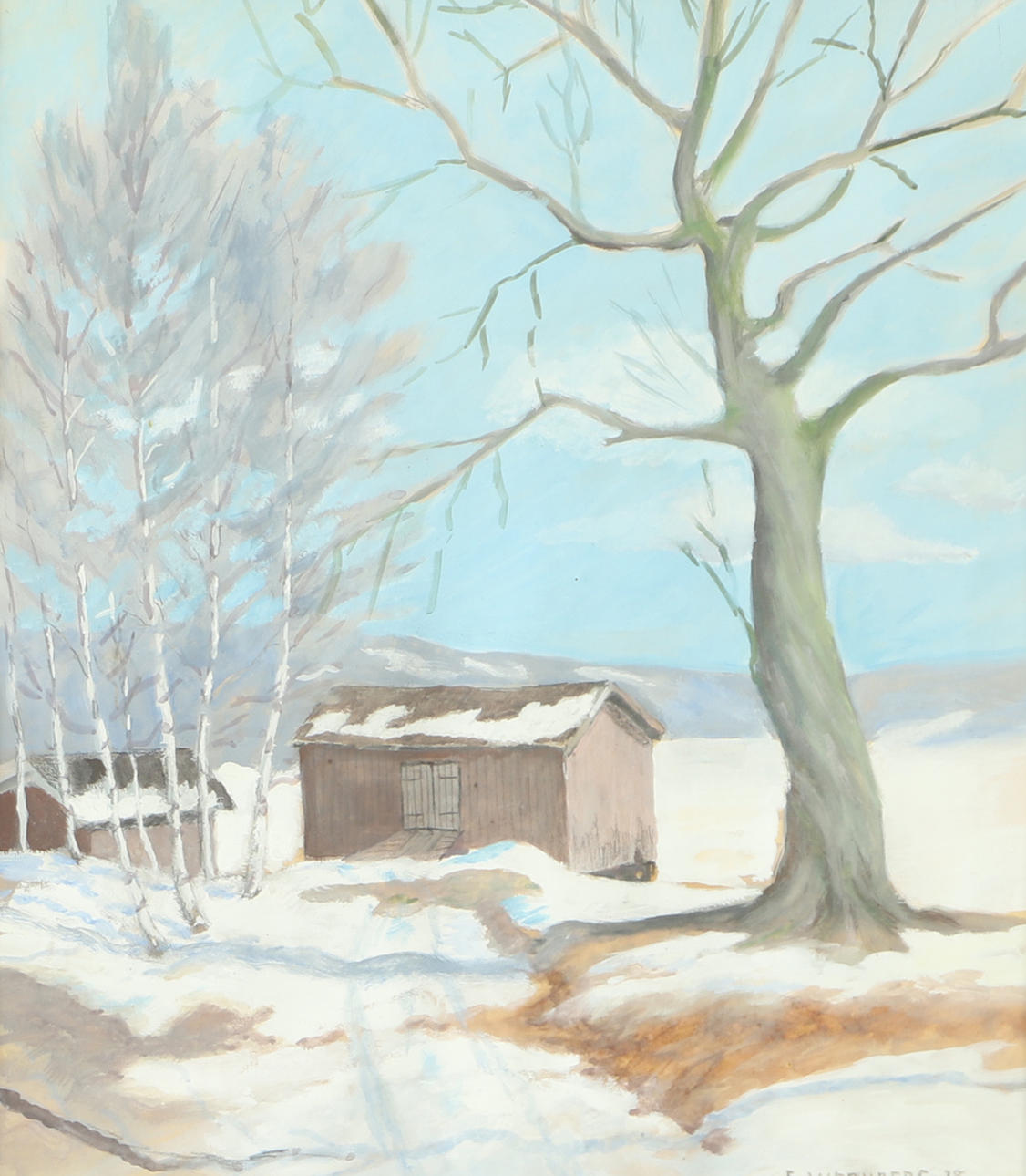 OIDENTIFIERAD KONSTNÄR. Winter landscape, watercolour, signed E. Wennerberg.