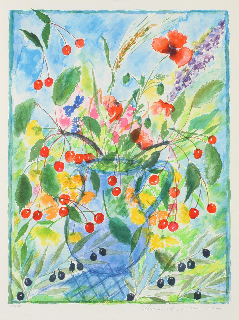 LENA A LINDERHOLM. "Livets fröjder", mapp med 3 st färglitografier, signerade och numrerade 192/1750.