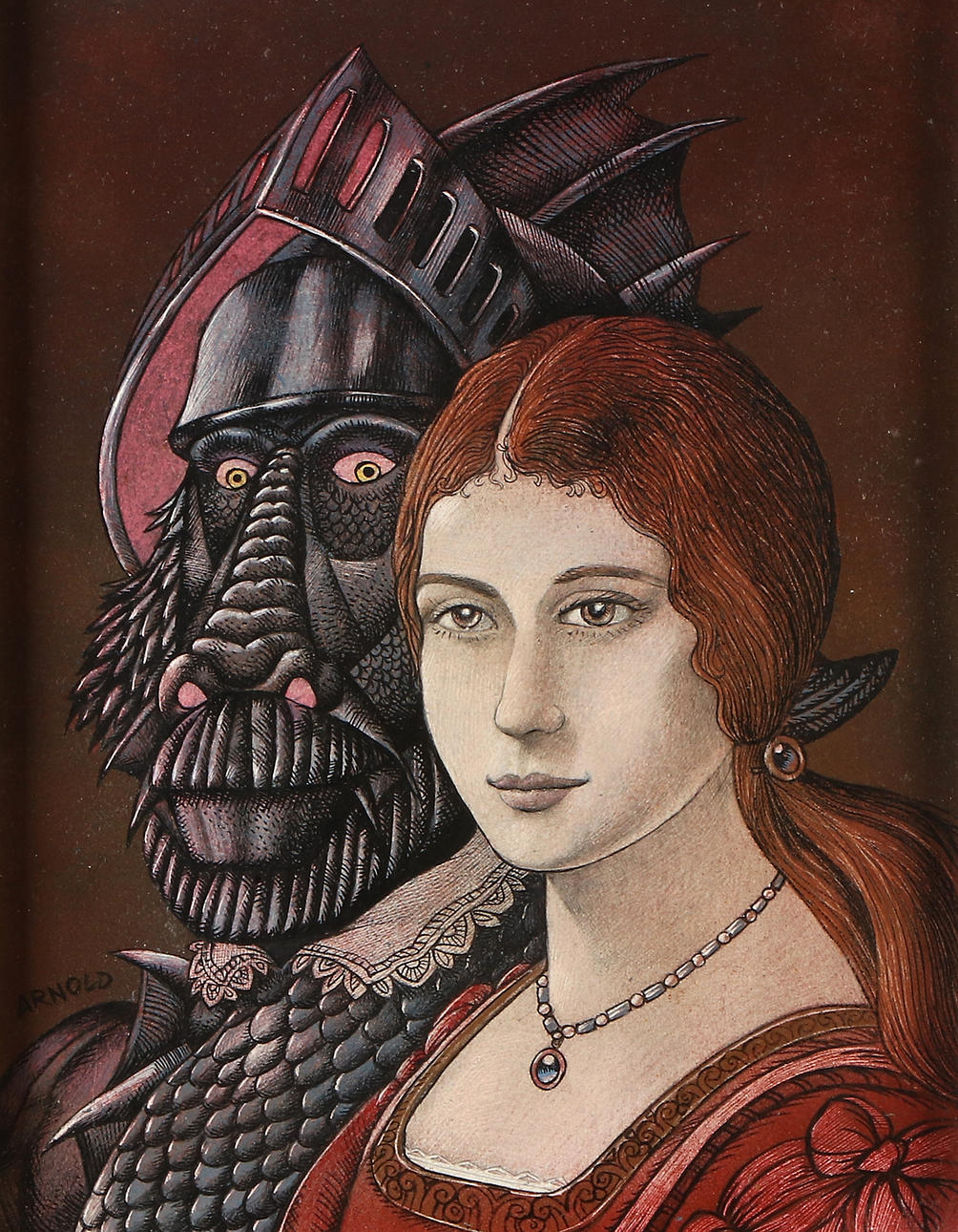 HANS ARNOLD. Mixed media. “The Virgin and the Dragon”. Signed.