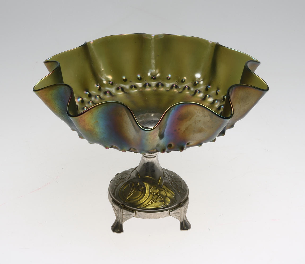 SKÅL på fot, glas och metall, jugend, möjligen Loetz, 1900-talets första del.