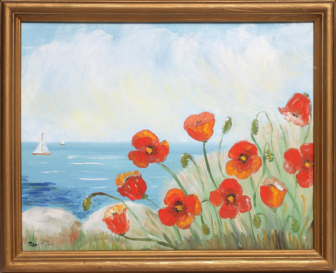 JONS BIRGIT. "Vallmo vid stranden", olja på pannå, signerad.