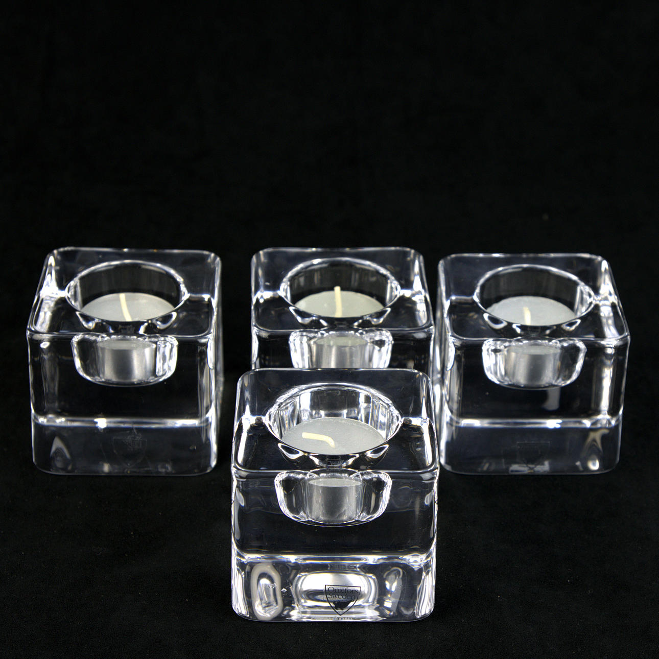 GÖRAN WÄRFF. 5-osaiset ”Ice Cube” lasiset kynttilälyhdyt, Orrefors.