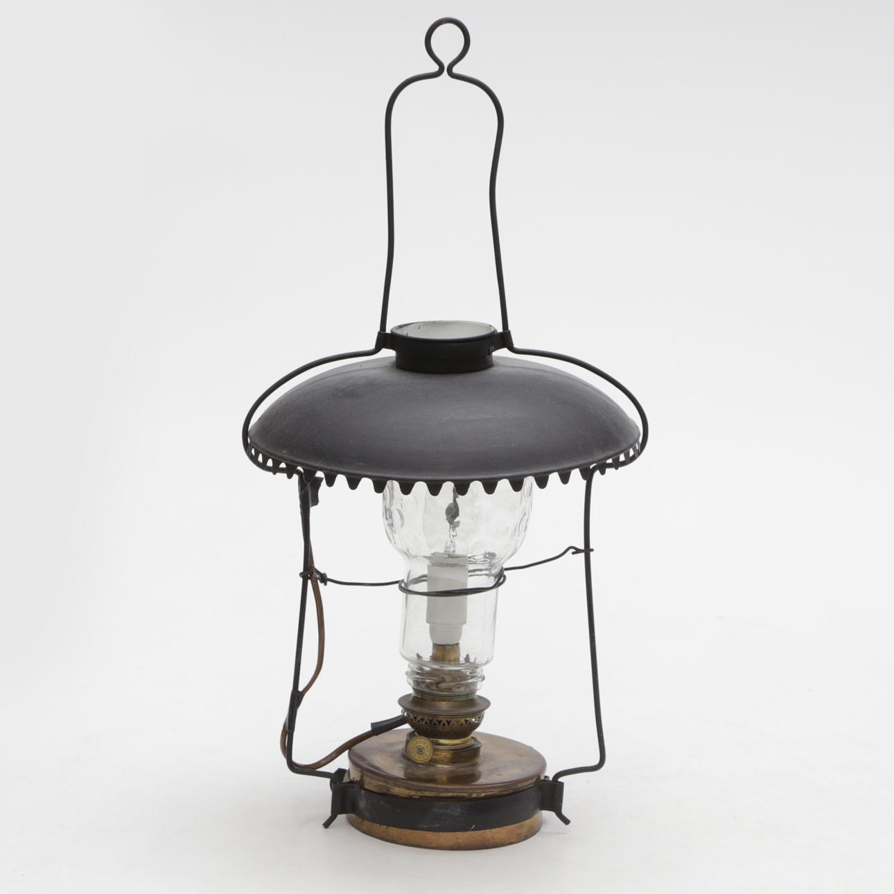 ELECTRIFIED CEILING KEROSENE LAMP, glass/metal.