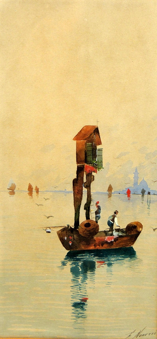 F. NORETTI. AKVARELL, UTSIKT ÖVER VENEDIG.