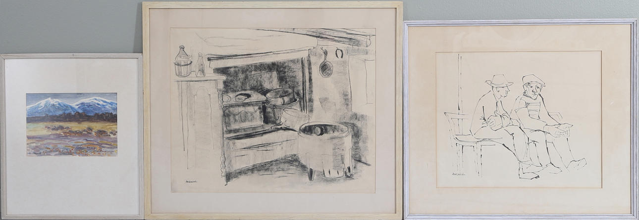 ANN-MARIE LARSÉN. Teckningar samt akvarell, 3 st, blandade motiv, signerade.