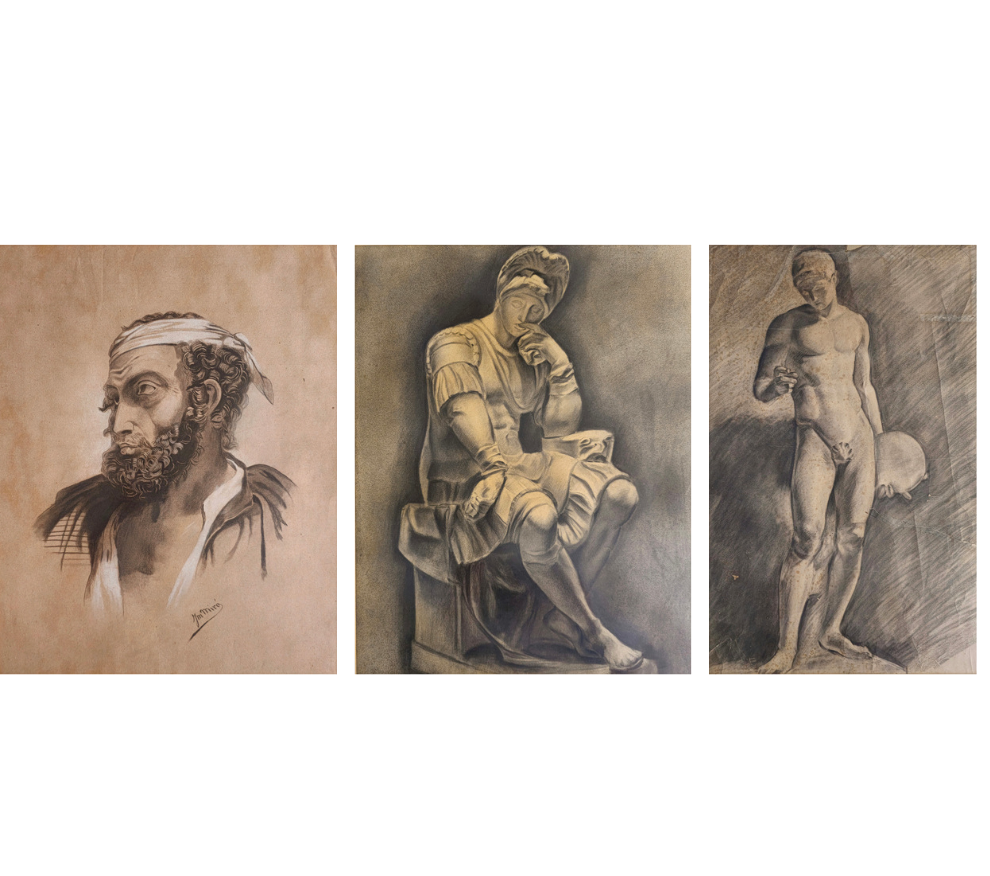 TRES DIBUJOS ACADÉMICOS. LÁPIZ SOBRE PAPEL. ENMARCADOS.