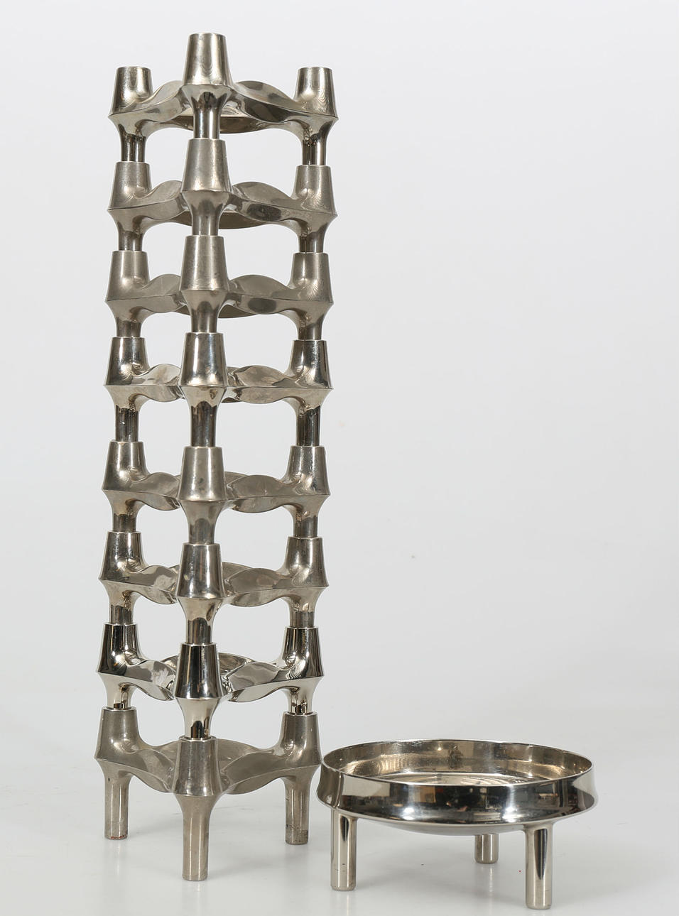 LJUSSTAKAR OCH SKÅL, förkromat stål, 9 delar, Ceasar Stoffi, Nagel, BMF, Tyskland, 1960-tal.