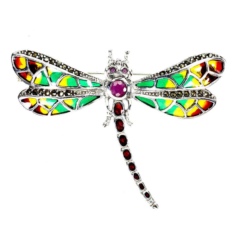 SILVER ENAMELLED DRAGONFLY BROOCH.