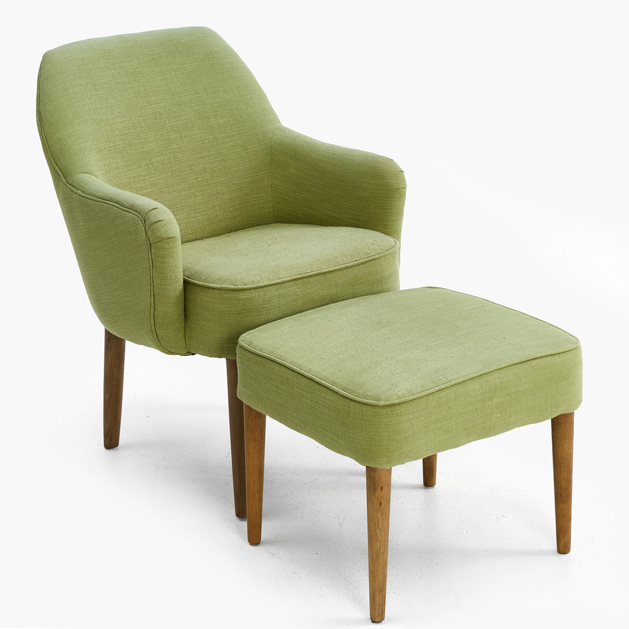 ARMCHAIR & FOOTSTOOL, Sia, plaque marked.