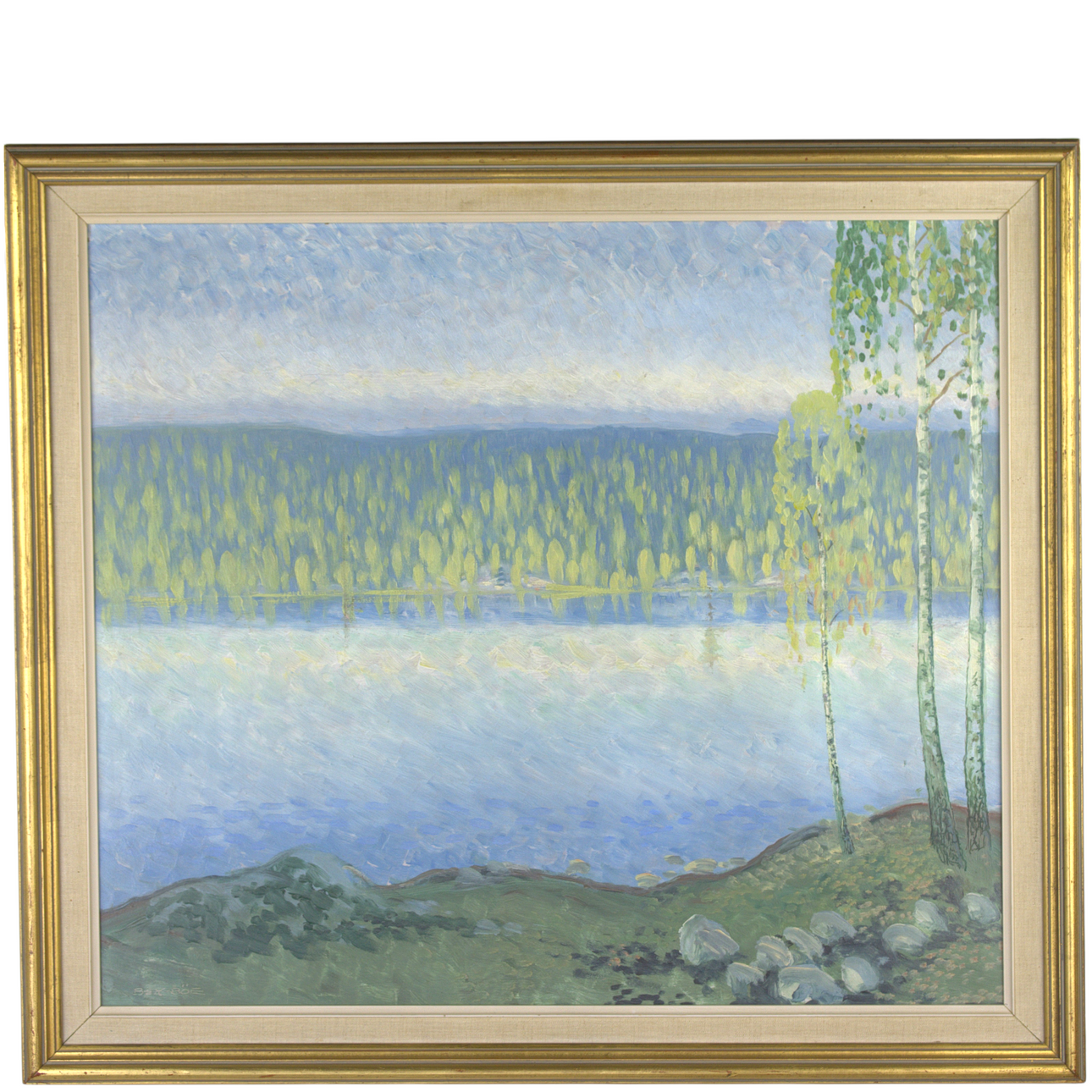BIRGER HANSSON-BÖE. Oil on panel, mountain lake with spring birches, signed.
