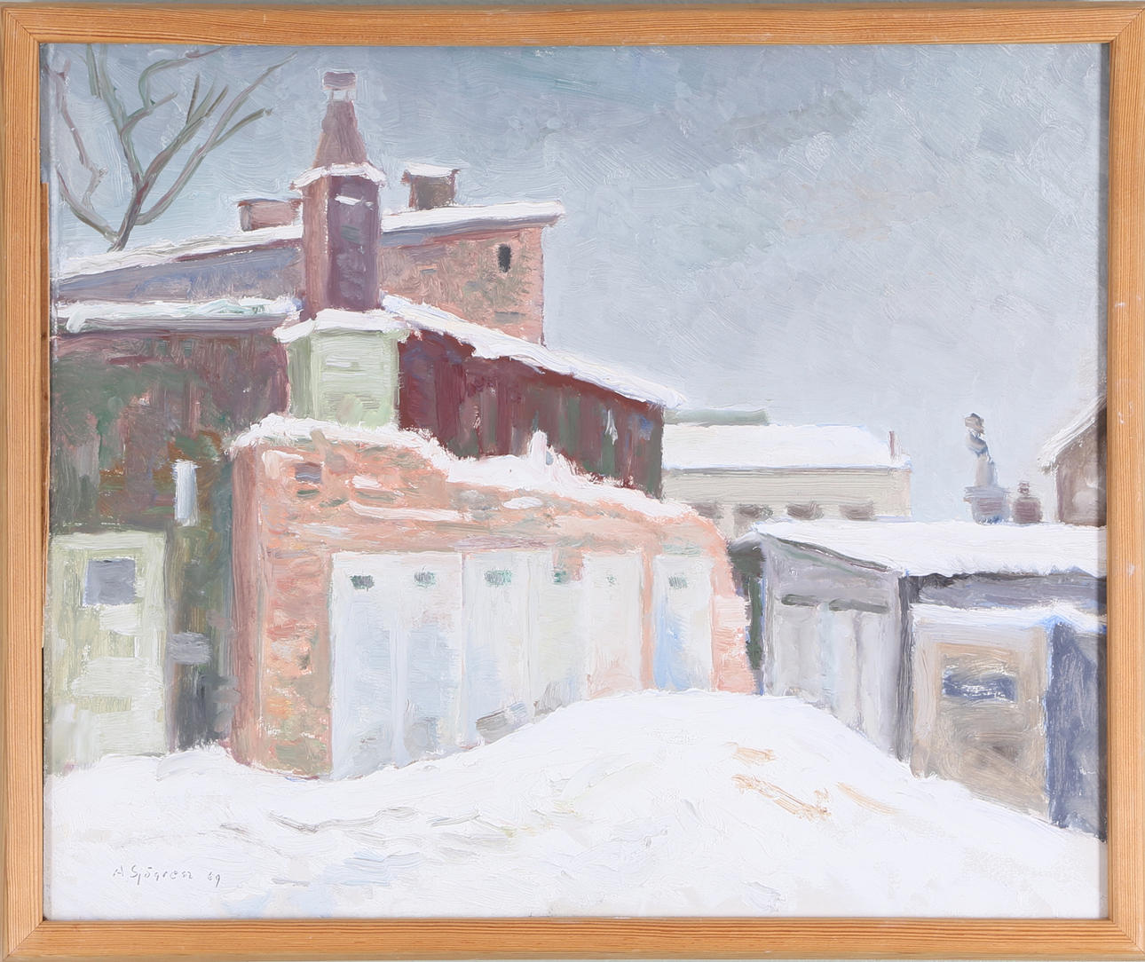 ALEX SJÖGREN. "Vinter på en rivningstomt Kalmar", olja på pannå, signerad.