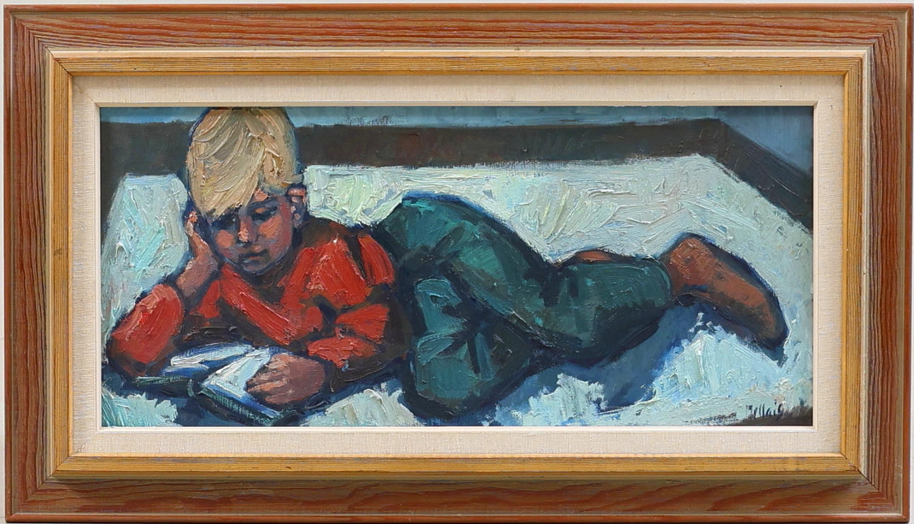 ELSA MELLAIS. Reading boy, oil on panel, signed, 20th century.