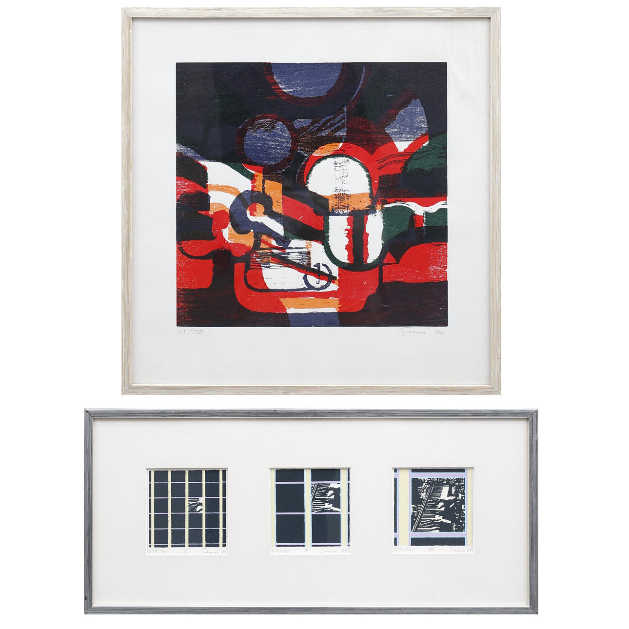 KNUT GRANE. Parti grafik, 2 st, Kompositioner, färglitografier, signerade Grane.