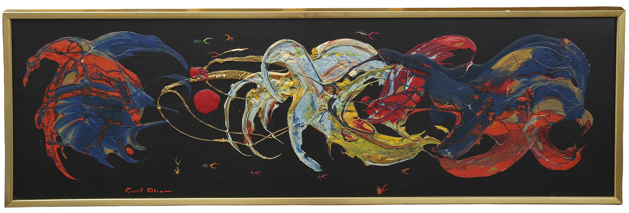 CURT OLSSON, oil on panel, black base with strong colours, signed.