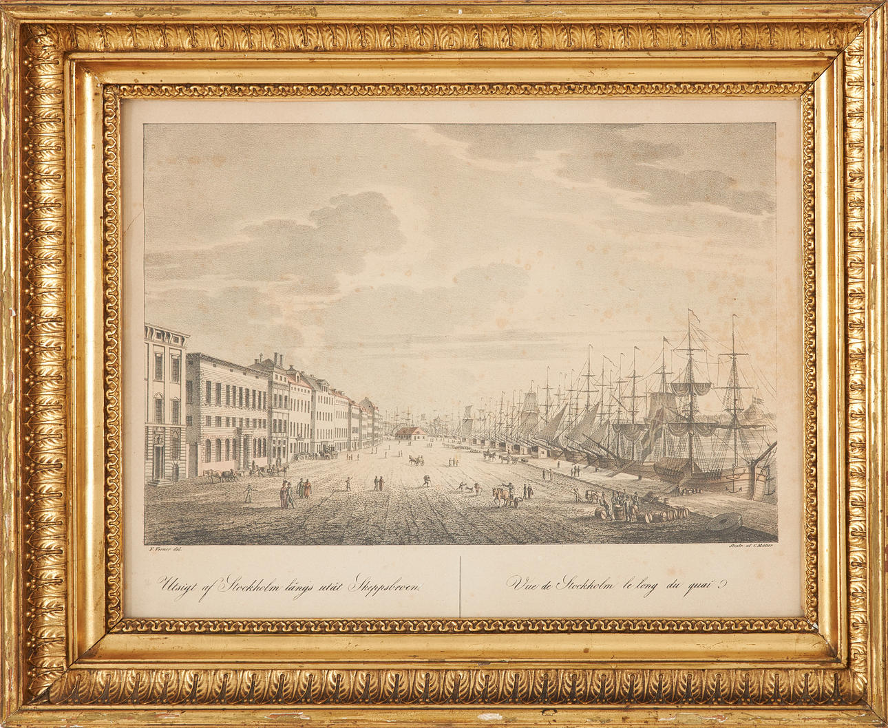 LITHOGRAPHIC PRINT, “Utblick af Stockholm along the outer Skeppsbron"”.