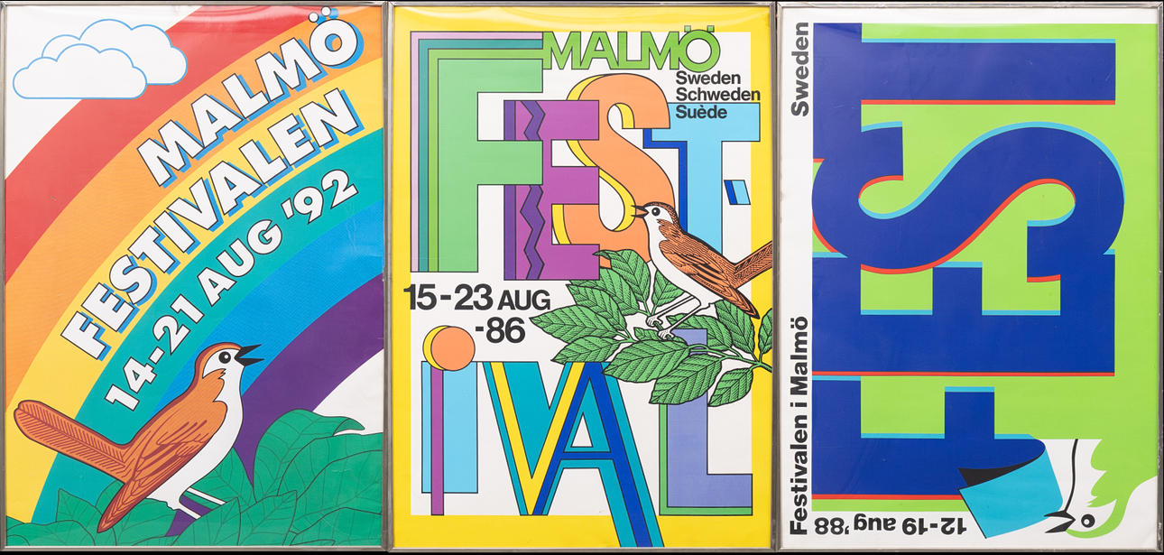 Three posters, offset prints, Malmö Festival 1986-1988.1992.