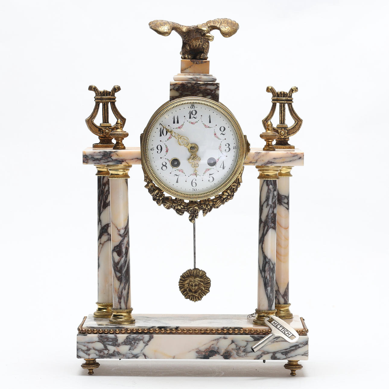 Table clock, brass/marble, Louis XVI style.